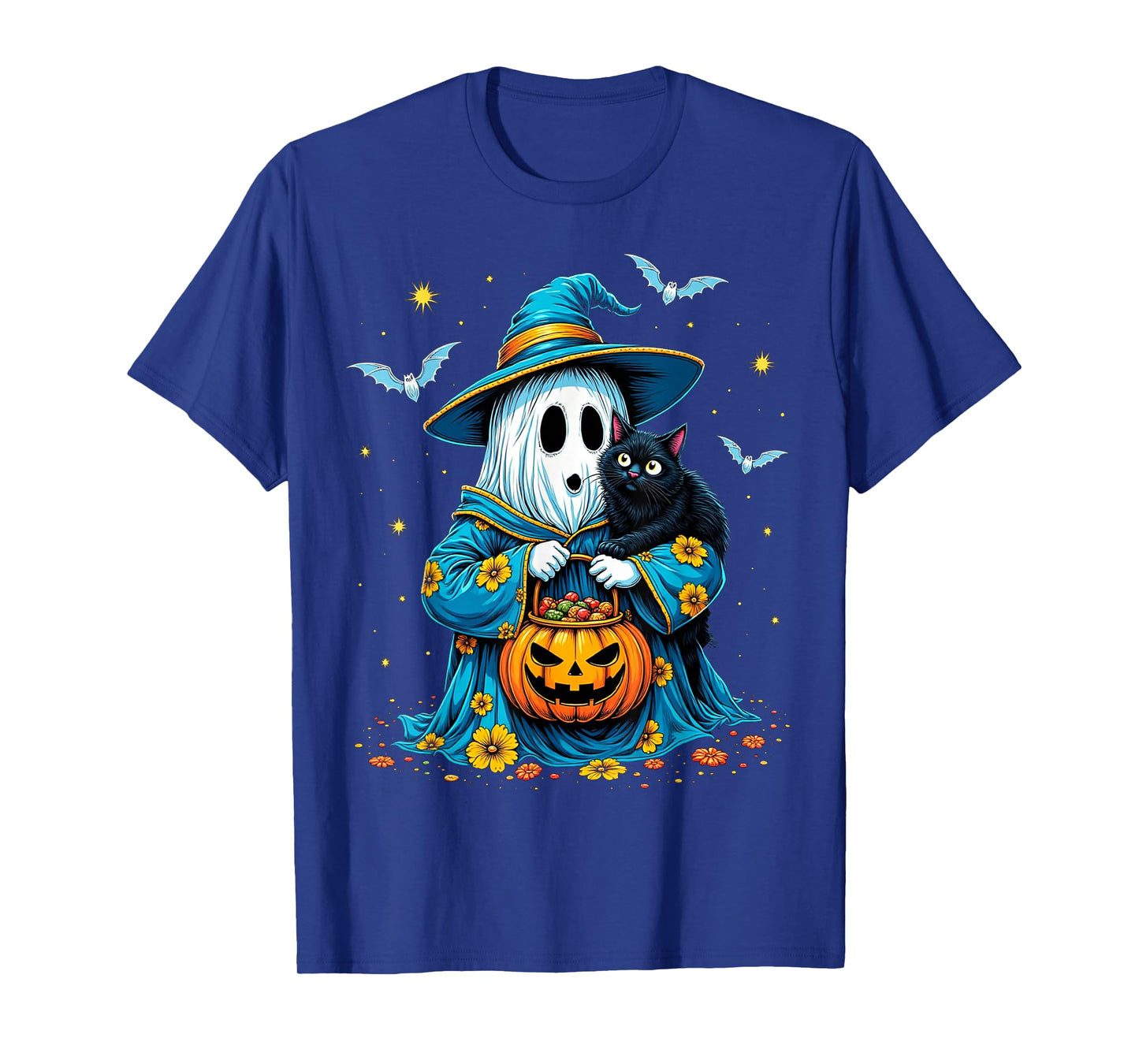 Ghost Holding Black Cat Lover Halloween 2025 Groovy Floral T-Shirt