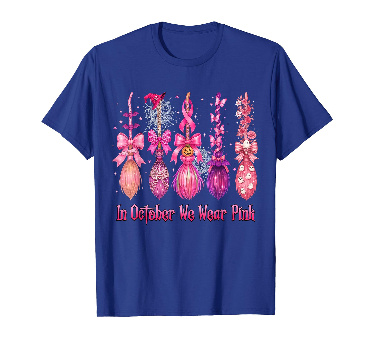 in October We Wear Pink Witch Broom Halloween Breast Cancer T-Shirt