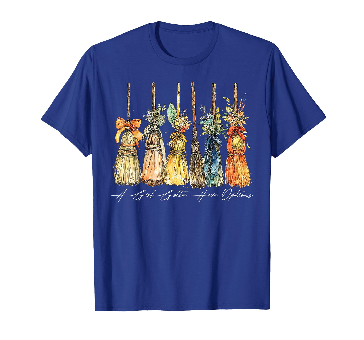 A Girl Gotta Have Options Halloween Witches Bow Floral Broom T-Shirt