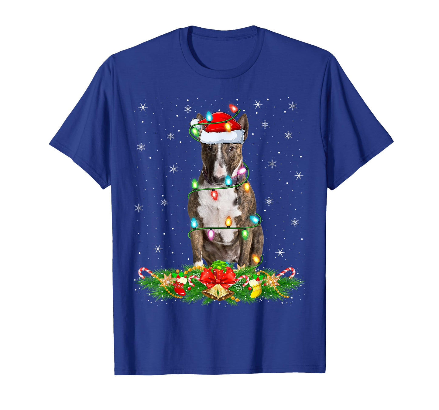 Bull Terrier Dog Christmas Lights Funny Santa Hat Xmas T-Shirt