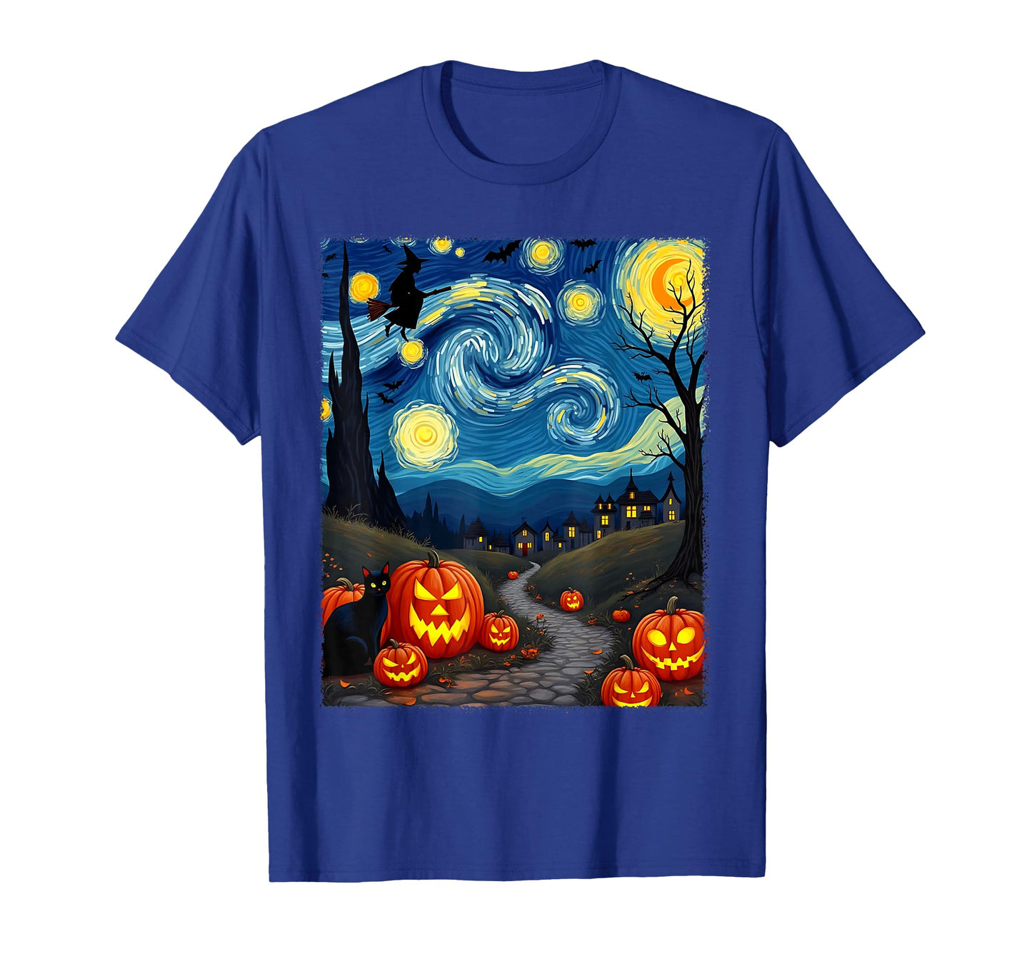 Black Cat Van Gogh Halloween Witchy Night Sky Party Costume T-Shirt