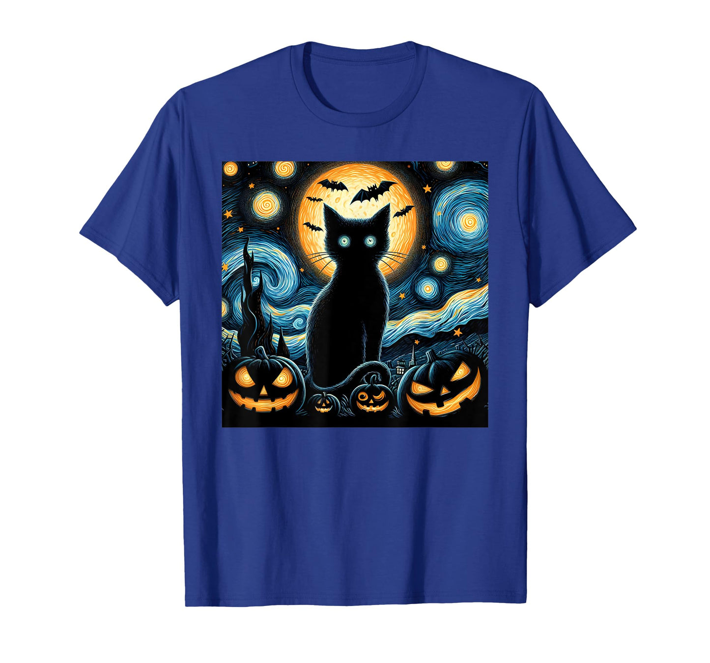Halloween Starry Night Black Cat Van Gogh Halloween Cat T-Shirt for Men Women Kids
