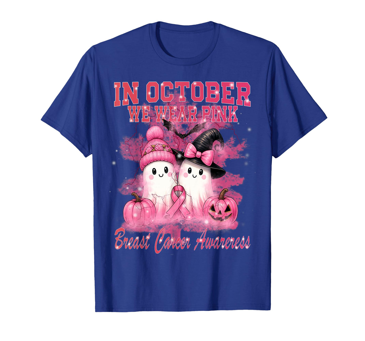 in October We Wear Pink Ghost Witch Breast Cancer Awareness T-Shirt