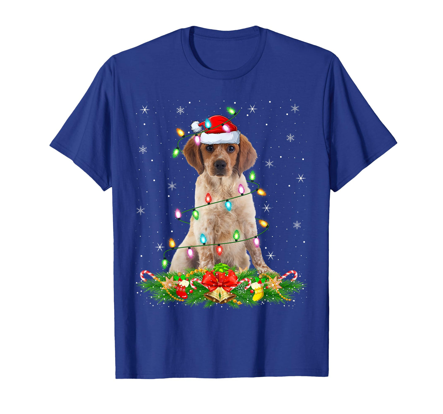 Brittany Spaniel Dog Christmas Lights Funny Santa Hat Xmas T-Shirt