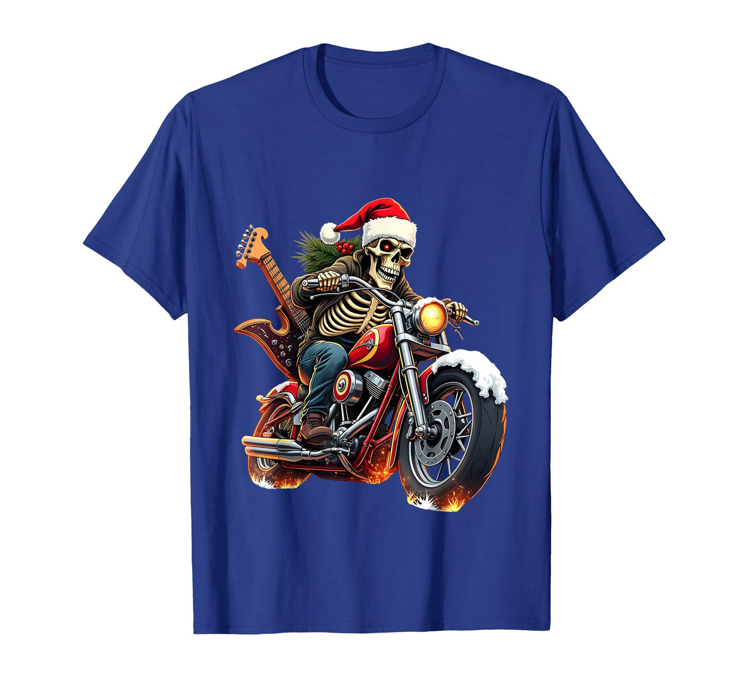 Christmas Skeleton Biker Rock Music Flame Santa Hat Guitar T-Shirt