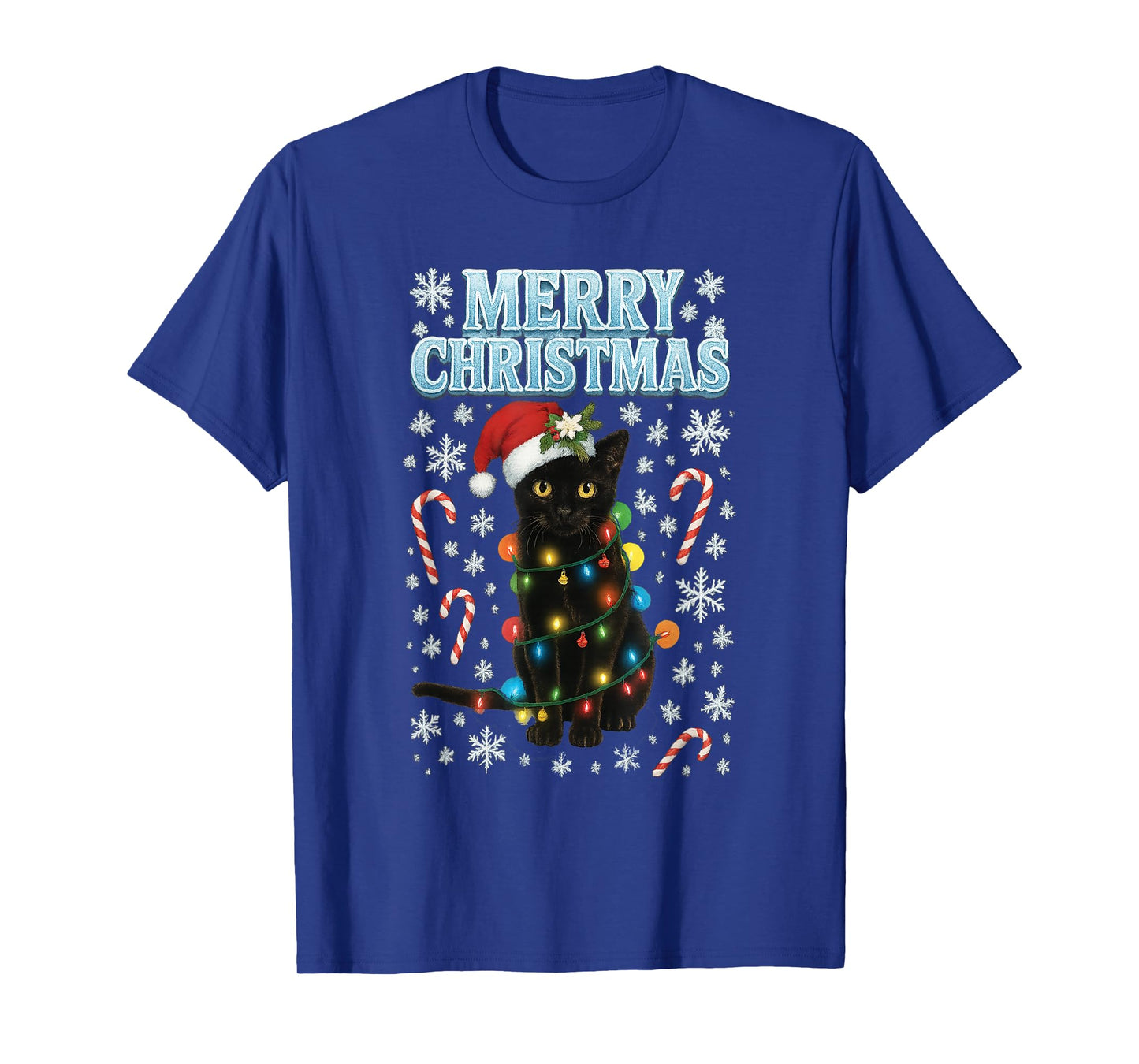 Merry Christmas Black Cat Wrapped in Lights Funny Holiday T-Shirt