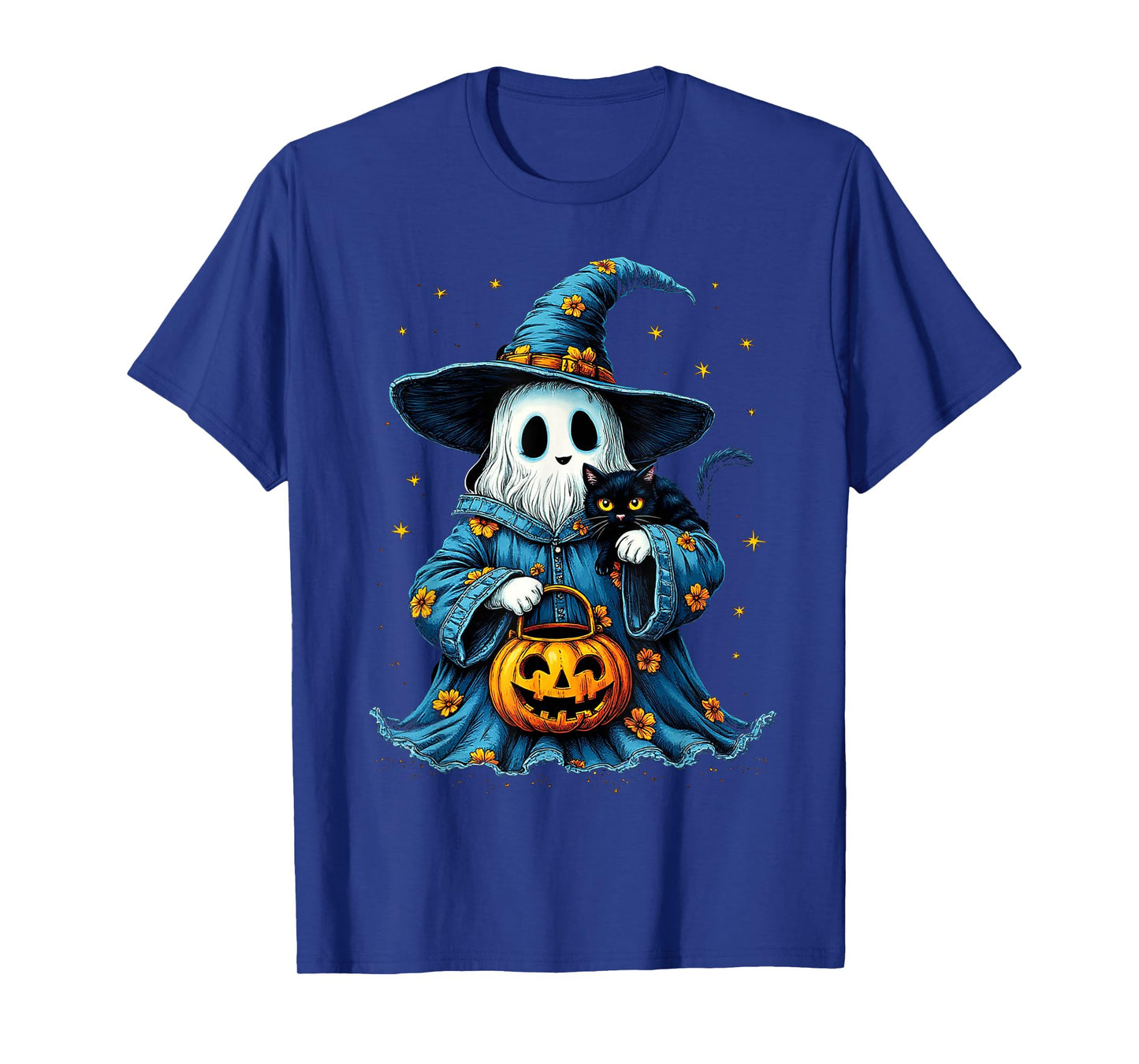 Ghost Holding Black Cat Lover Halloween 2025 Groovy Floral T-Shirt