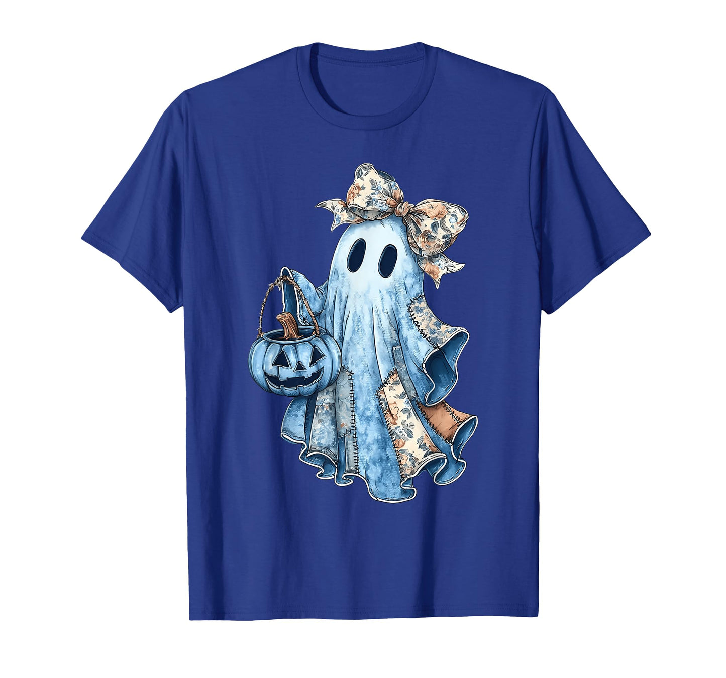 Retro Halloween Blue Denim Ghost Floral Patchwork Haloween T-Shirt