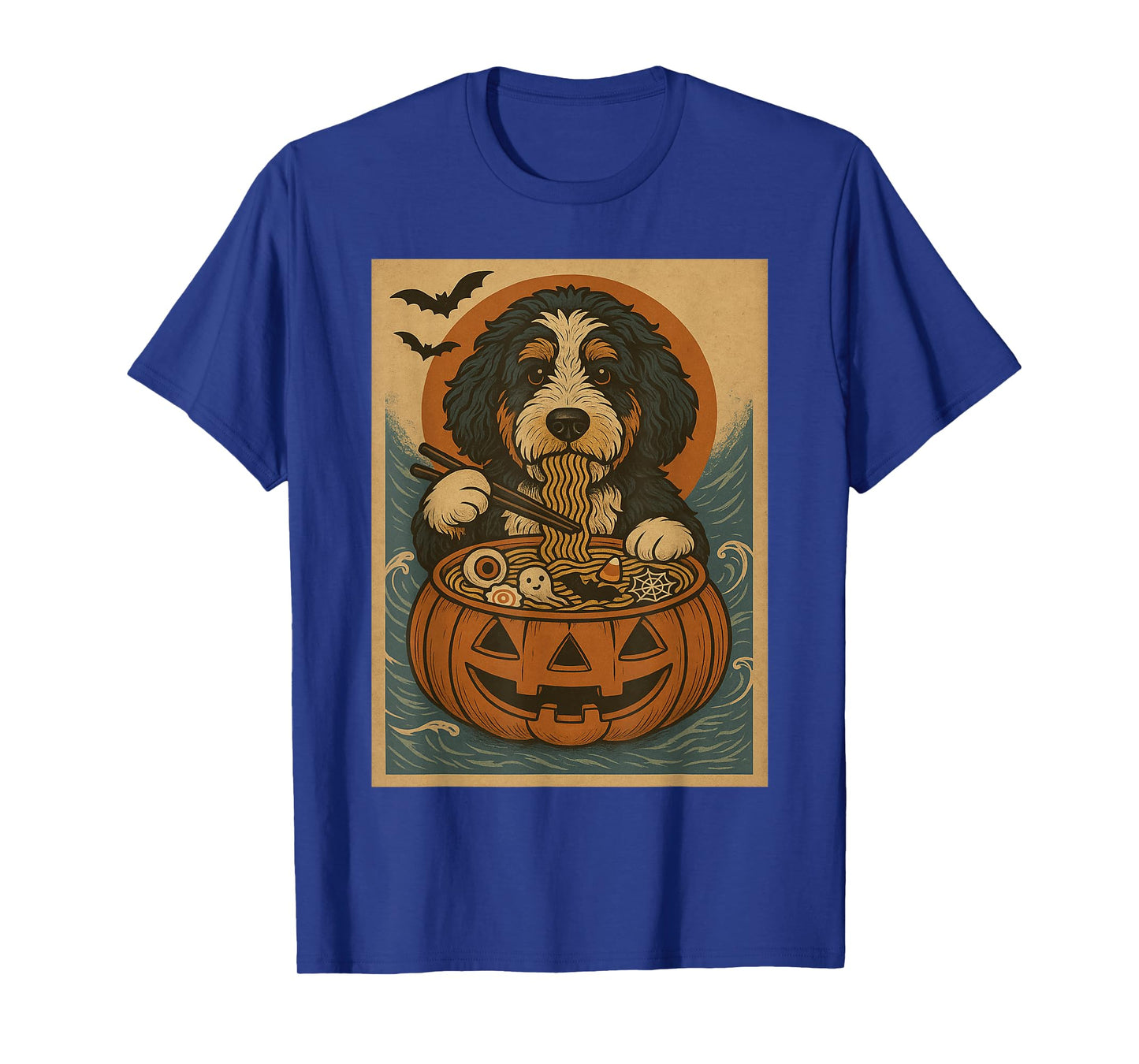 Funny Spooky Bernedoodle Pumpkin Japanese Ramen Noodles T-Shirt