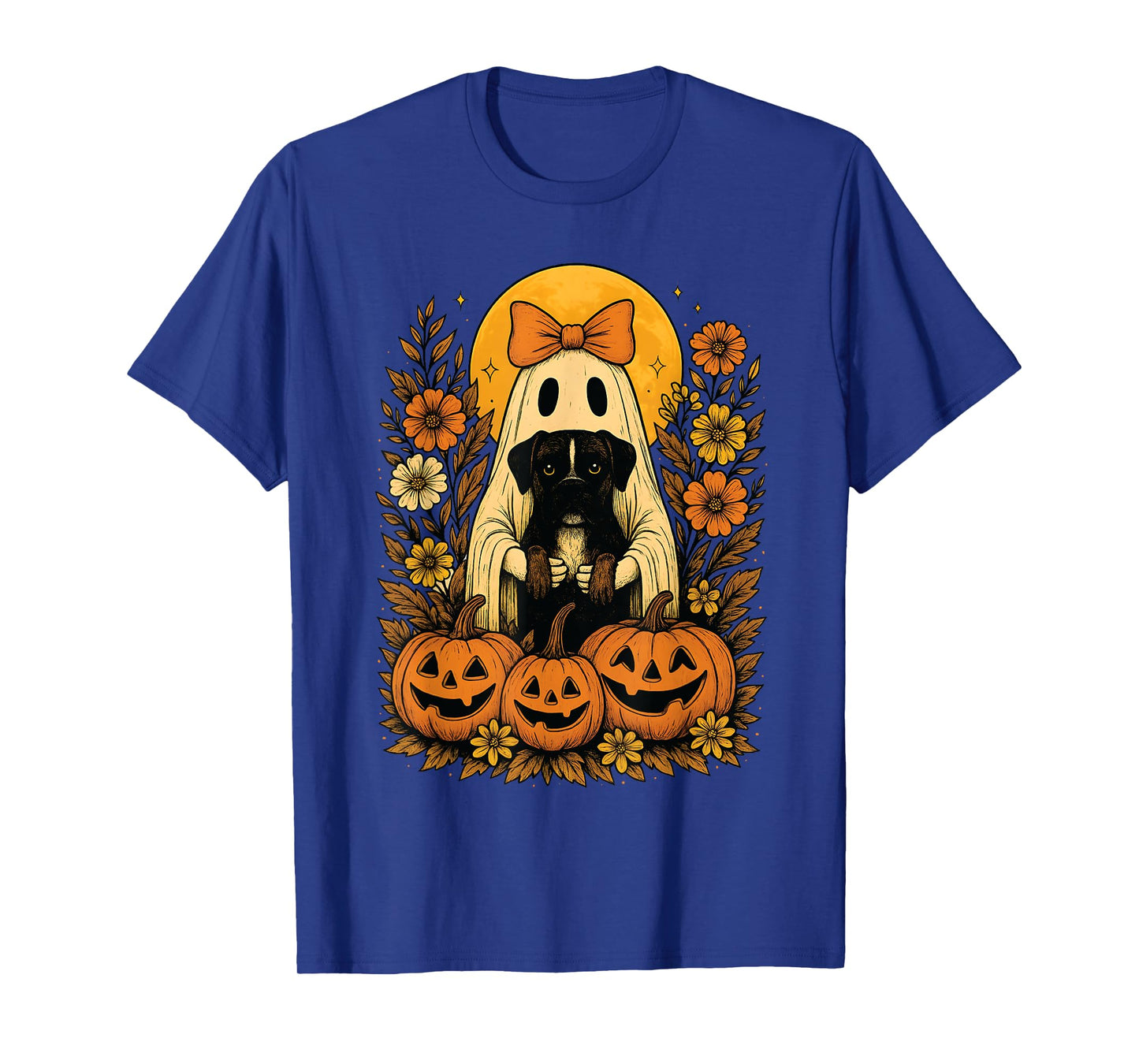 Vintage Halloween Ghost Holding Boxer Dog Groovy Floral T-Shirt