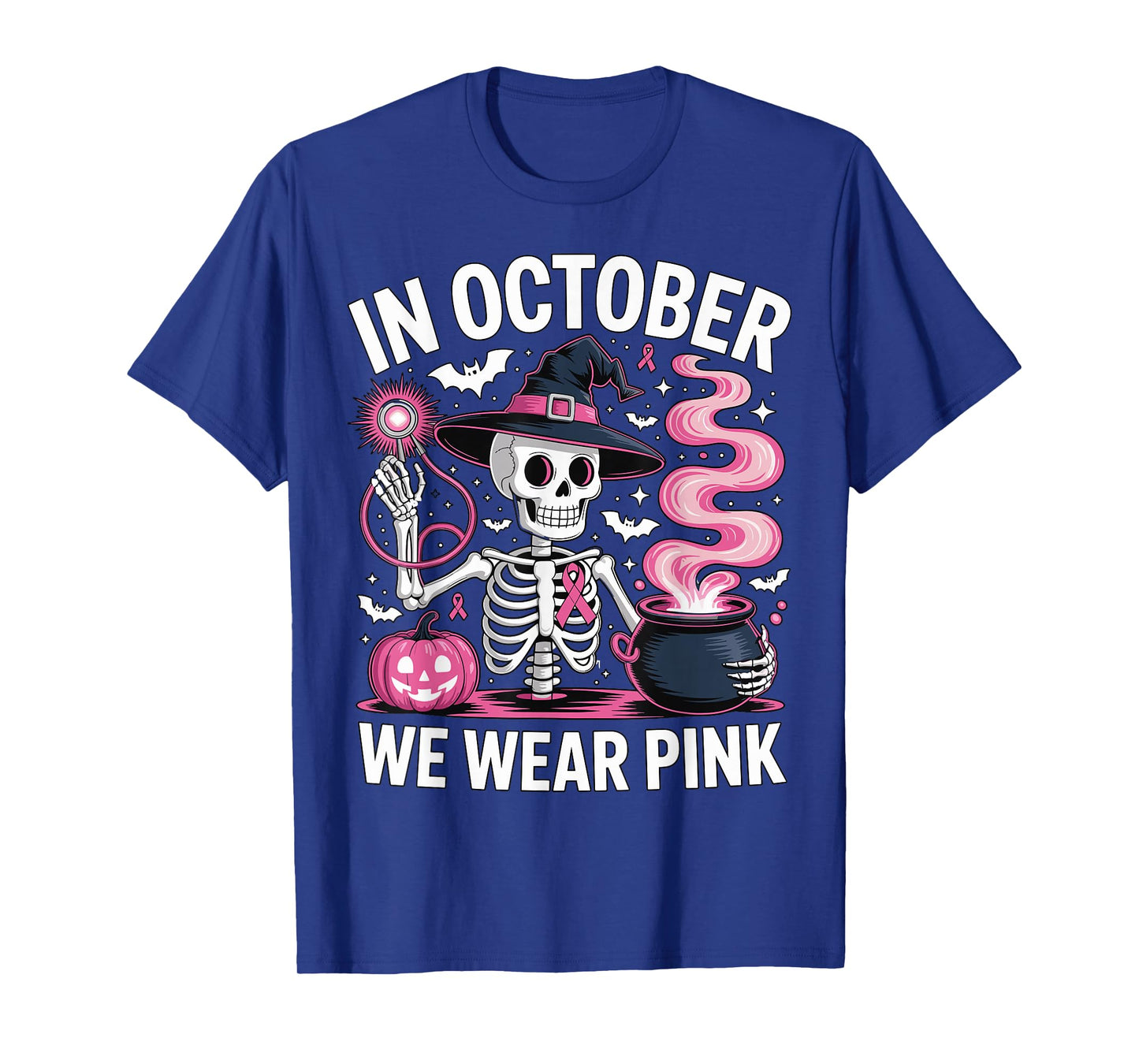 in October We Wear Pink Halloween Skeleton Witch for Women T-Shirt