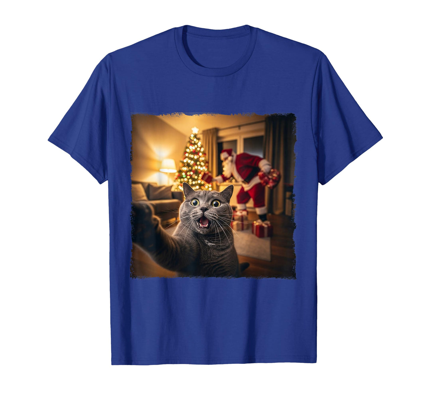 Funny Cute Cat Selfie with Santa Claus Gifts Christmas Night T-Shirt