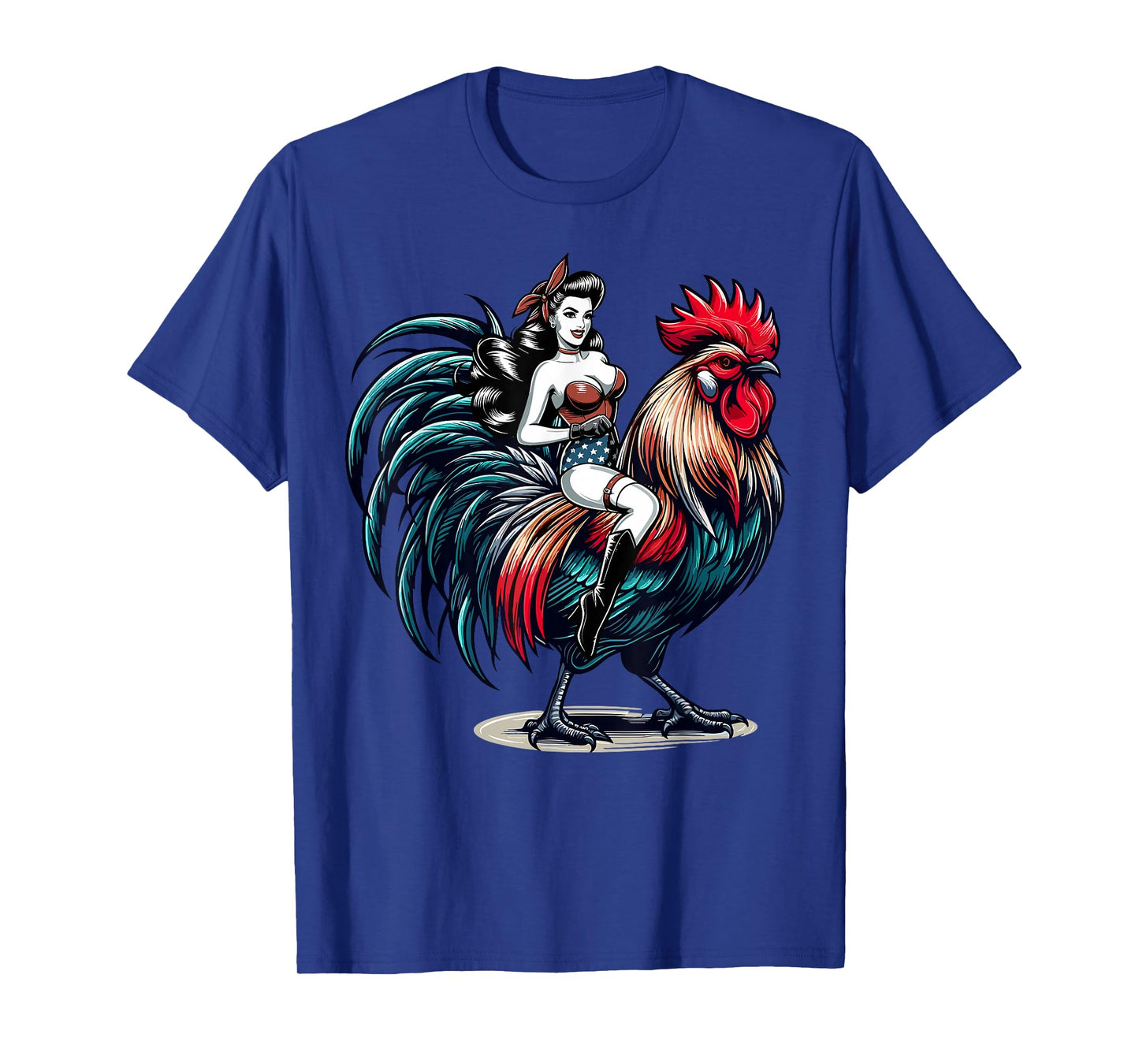 Pin-Up Girl Riding Rooster Vintage Patriotic T-Shirt