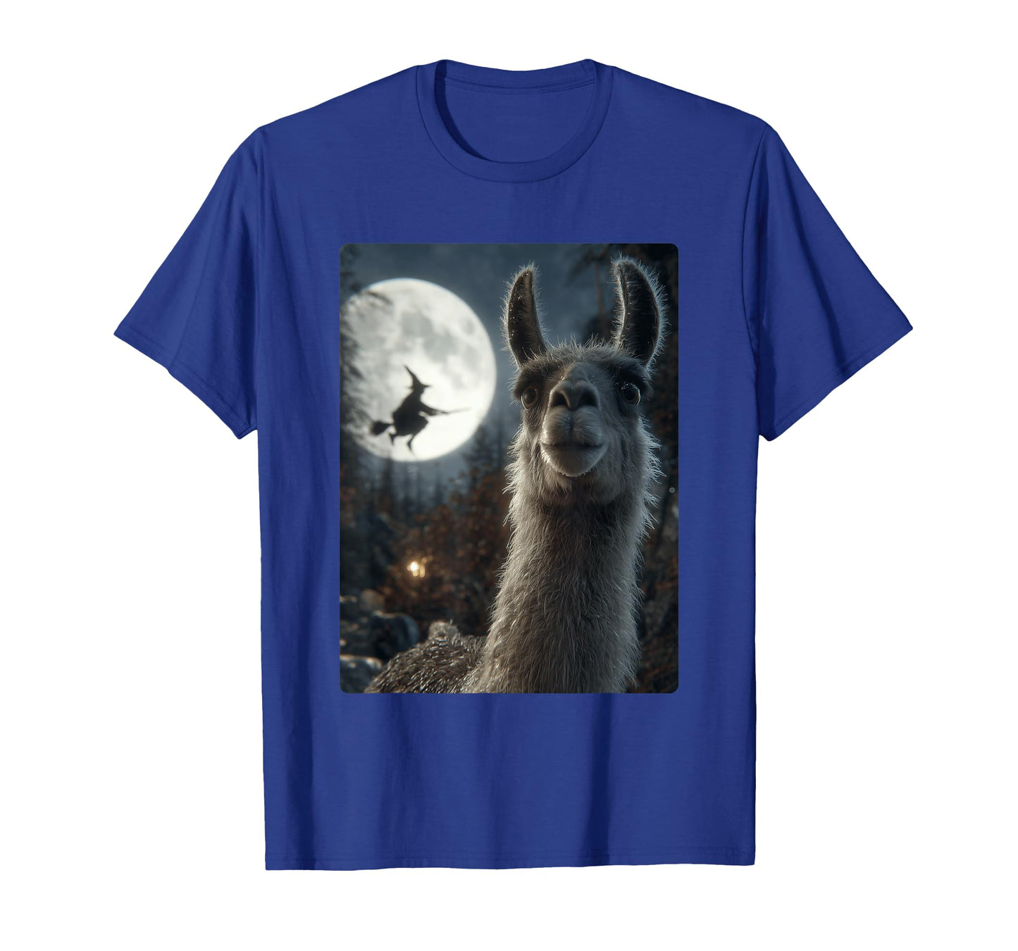 Funny Llama Selfie Full Moon Flying Witch Forest Halloween T-Shirt