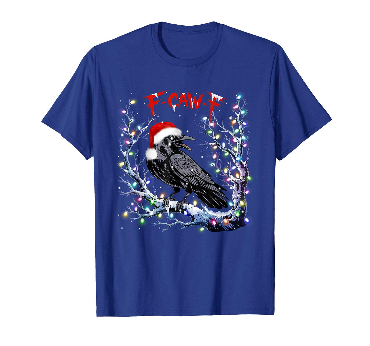 Funny Black Crow F-Caw-F Retro Santa Hat Christmas Lights T-Shirt