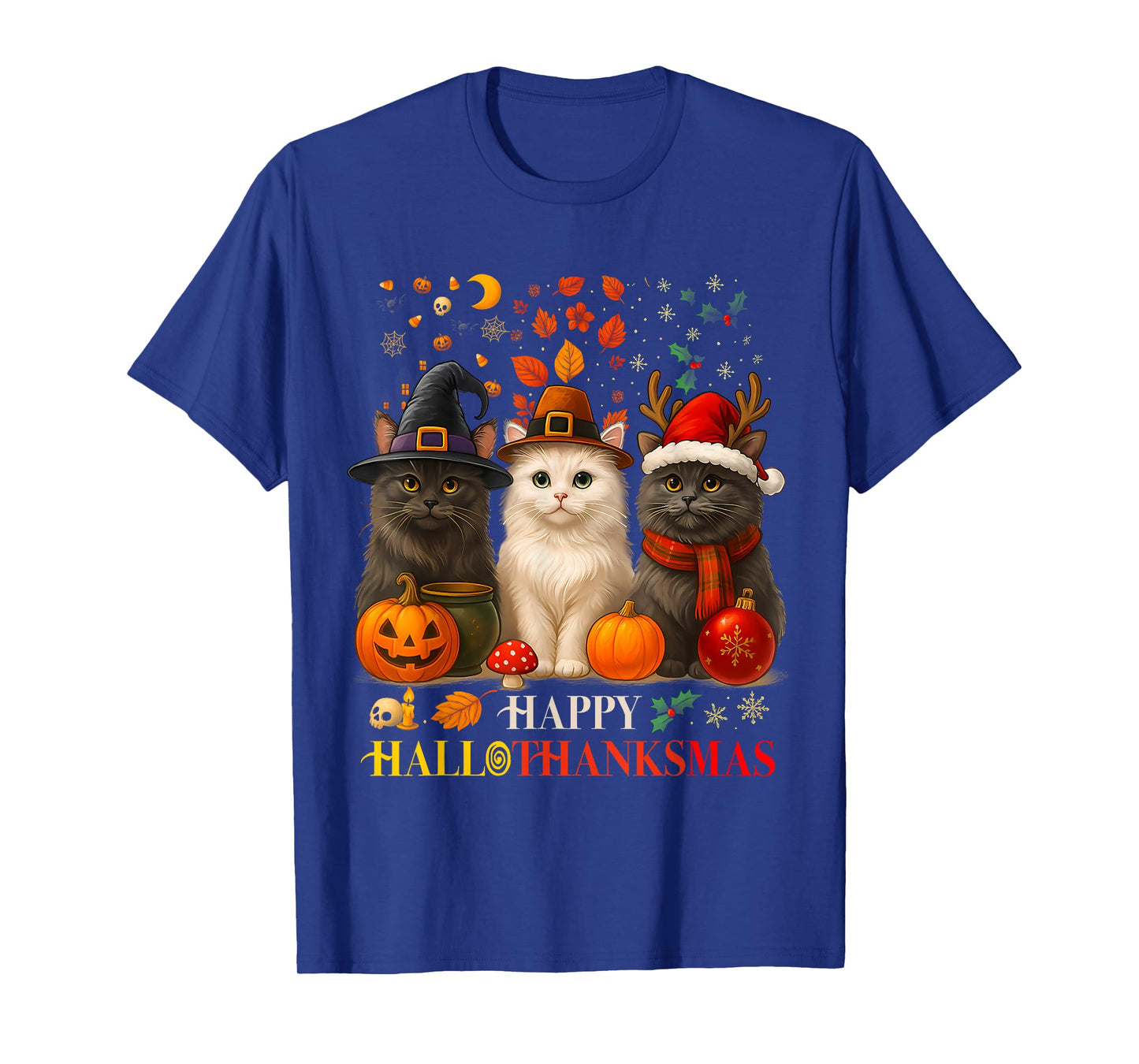 Happy HalloThanksMas Cats Halloween Thanksgiving Christmas T-Shirt