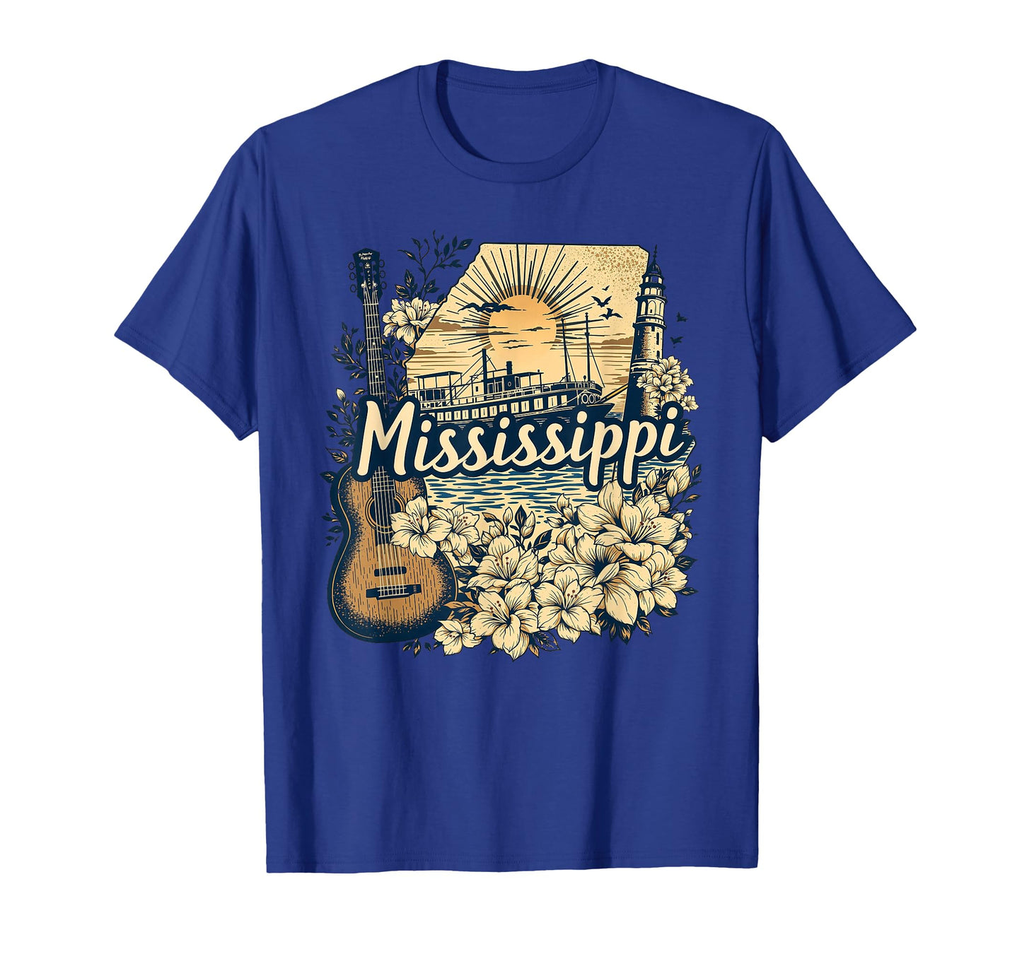 Retro Mississippi Home State MS Guitar and Flowers T-Shirt