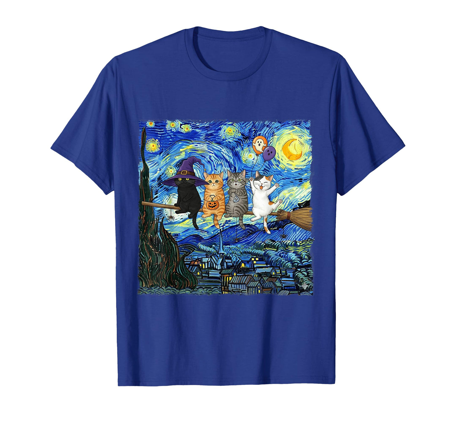 Halloween Cat Starry Night Witch Funny Cats Hanging on Broom T-Shirt