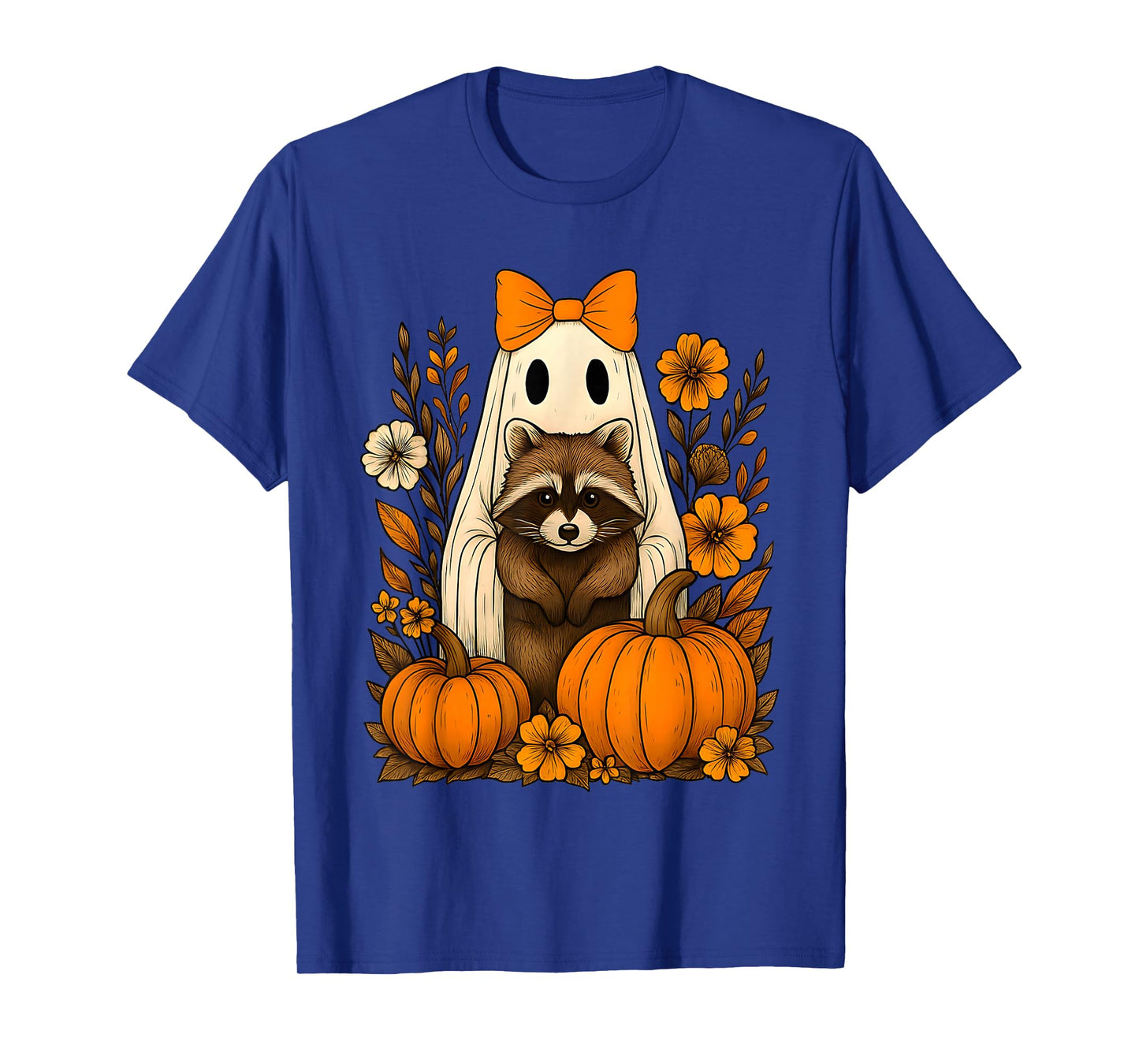 Vintage Halloween Ghost Holding Raccoon Groovy Floral Tee T-Shirt