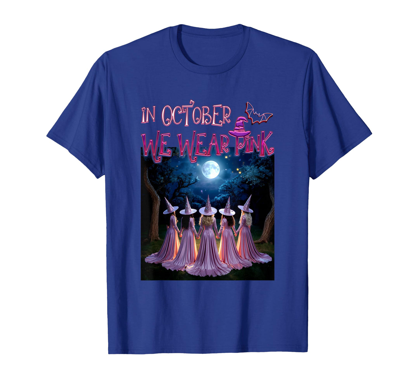 in October We Wear Pink Witches Breast Cancer Awareness Moon T-Shirt