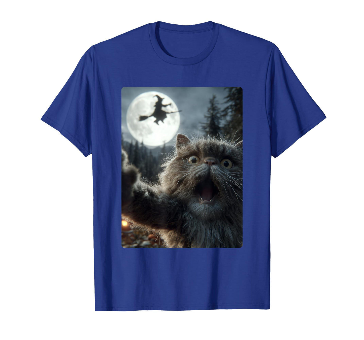 Funny Persian Cat Selfie Full Moon Flying Witch Halloween T-Shirt