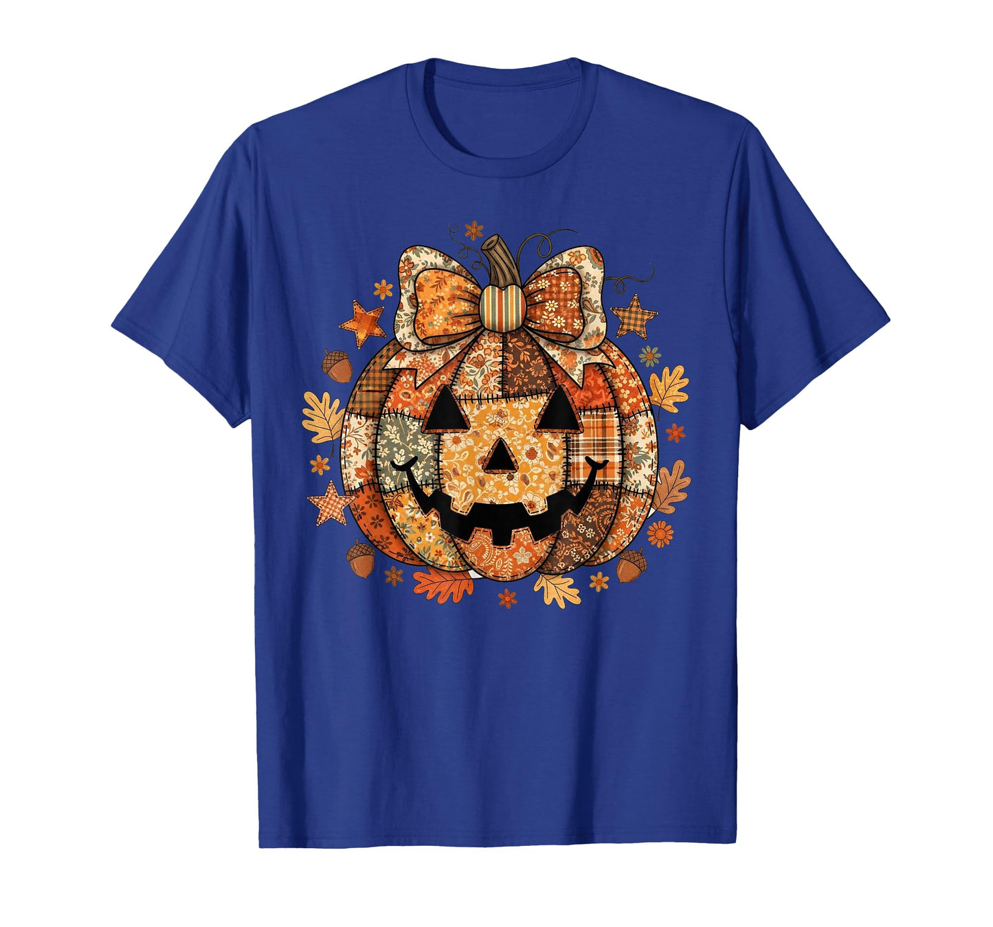 Floral Fall Patchwork Boho Pumpkin Bow Retro Halloween T-Shirt