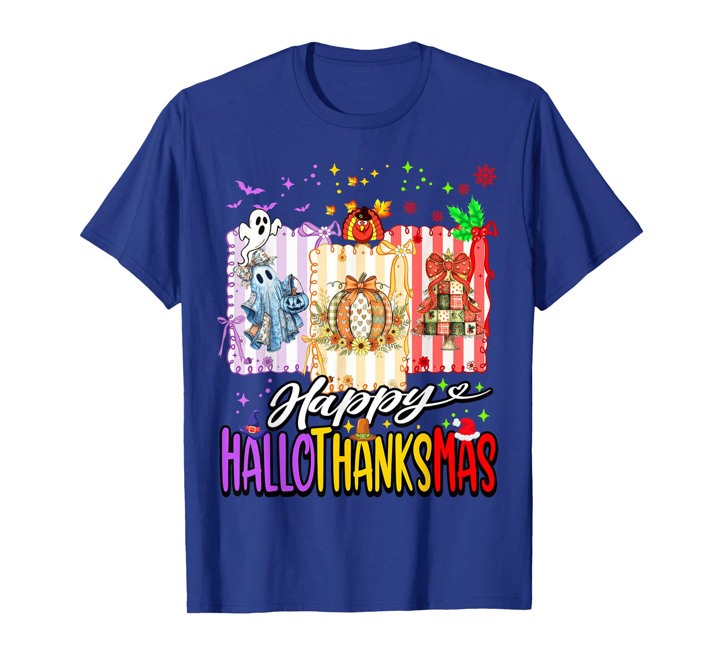 Happy Hallothanksmas Halloween Ghost Pumpkin Xmas Pine Tree T-Shirt