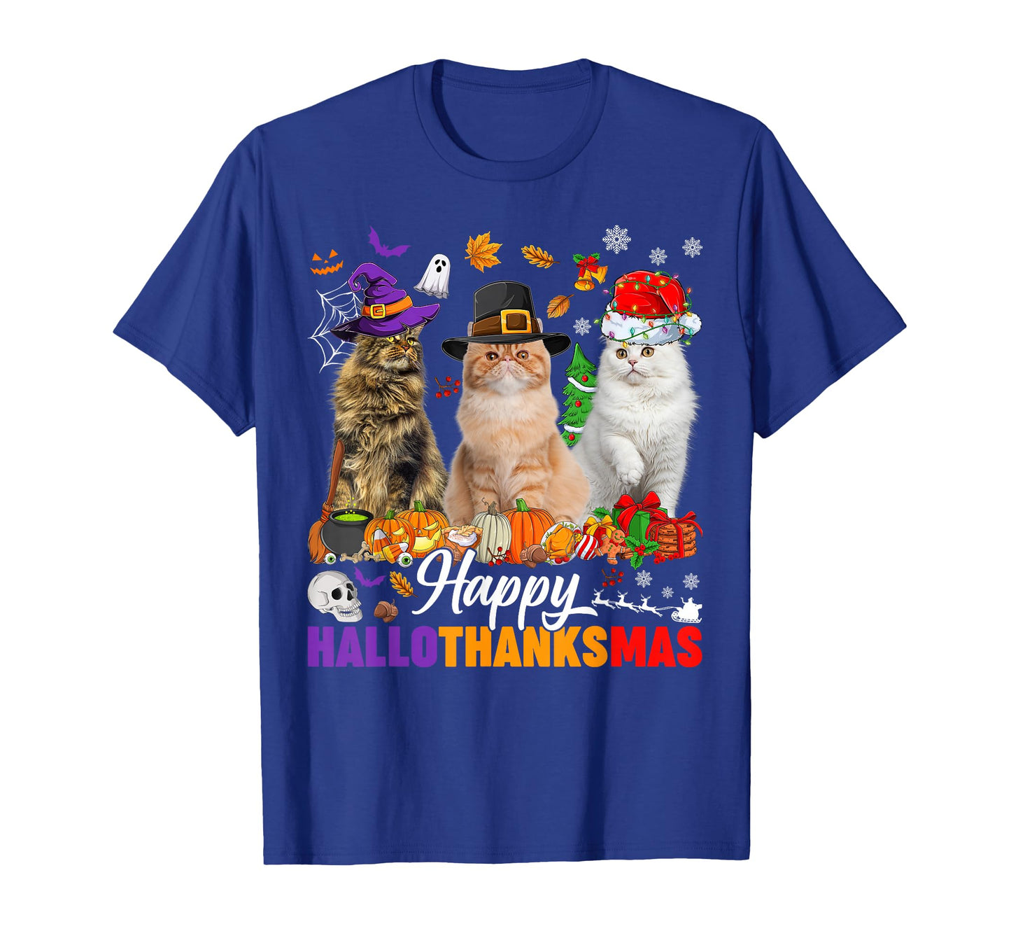 Happy Hallothanksmas Cats Halloween Thanksgiving Christmas T-Shirt