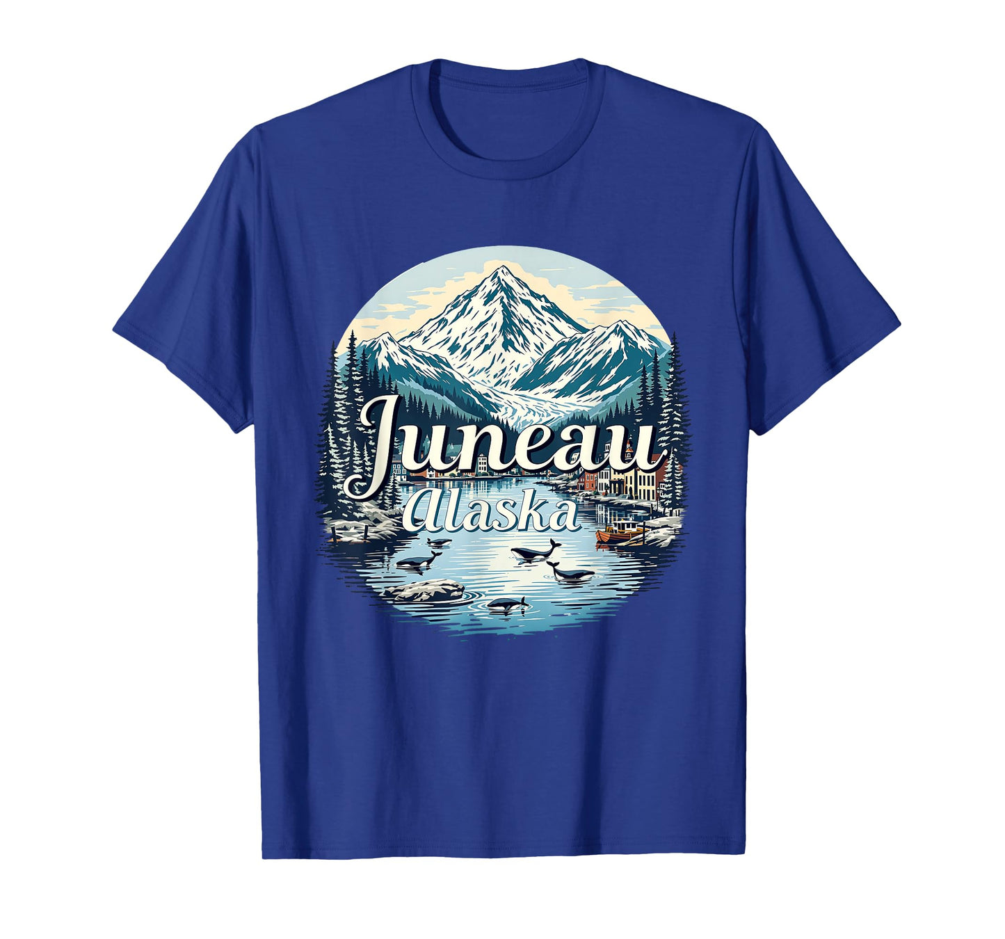 Vintage Juneau Alaska Sunset Skyline Mountains Cityscape T-Shirt