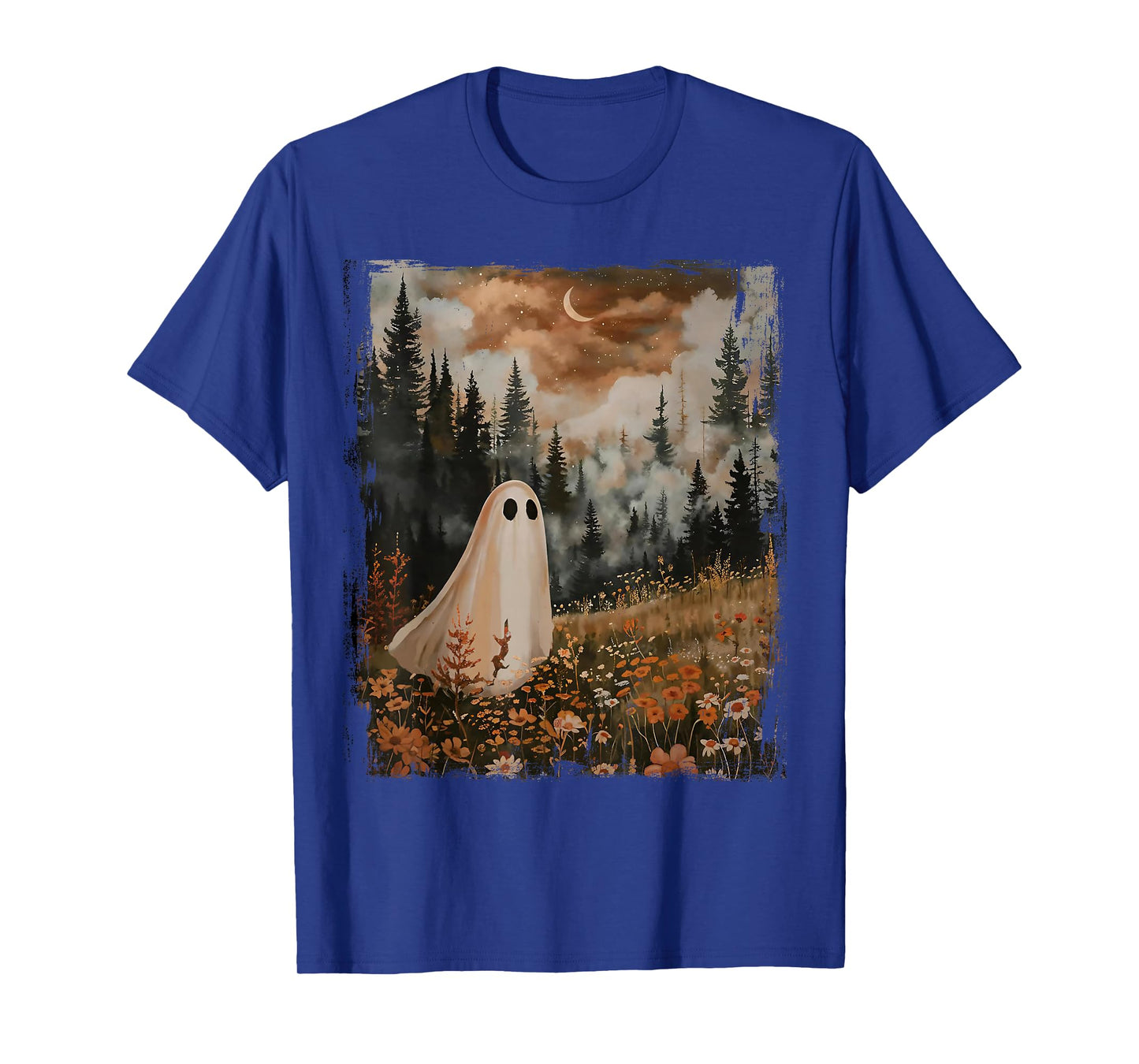 Spooky Season Halloween Ghost In The Flower Forest Vintage T-Shirt