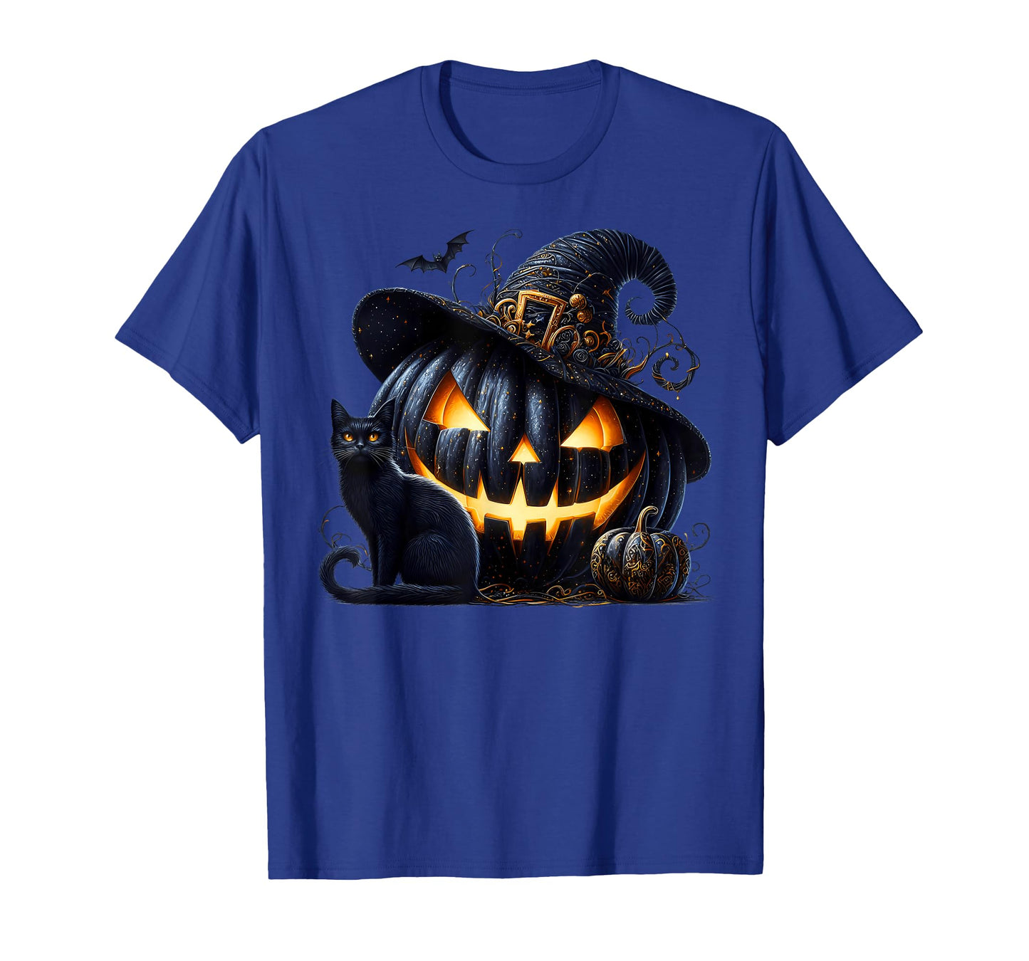 Black Pumpkin Face in Witch Hat with Witchy Halloween Cat T-Shirt