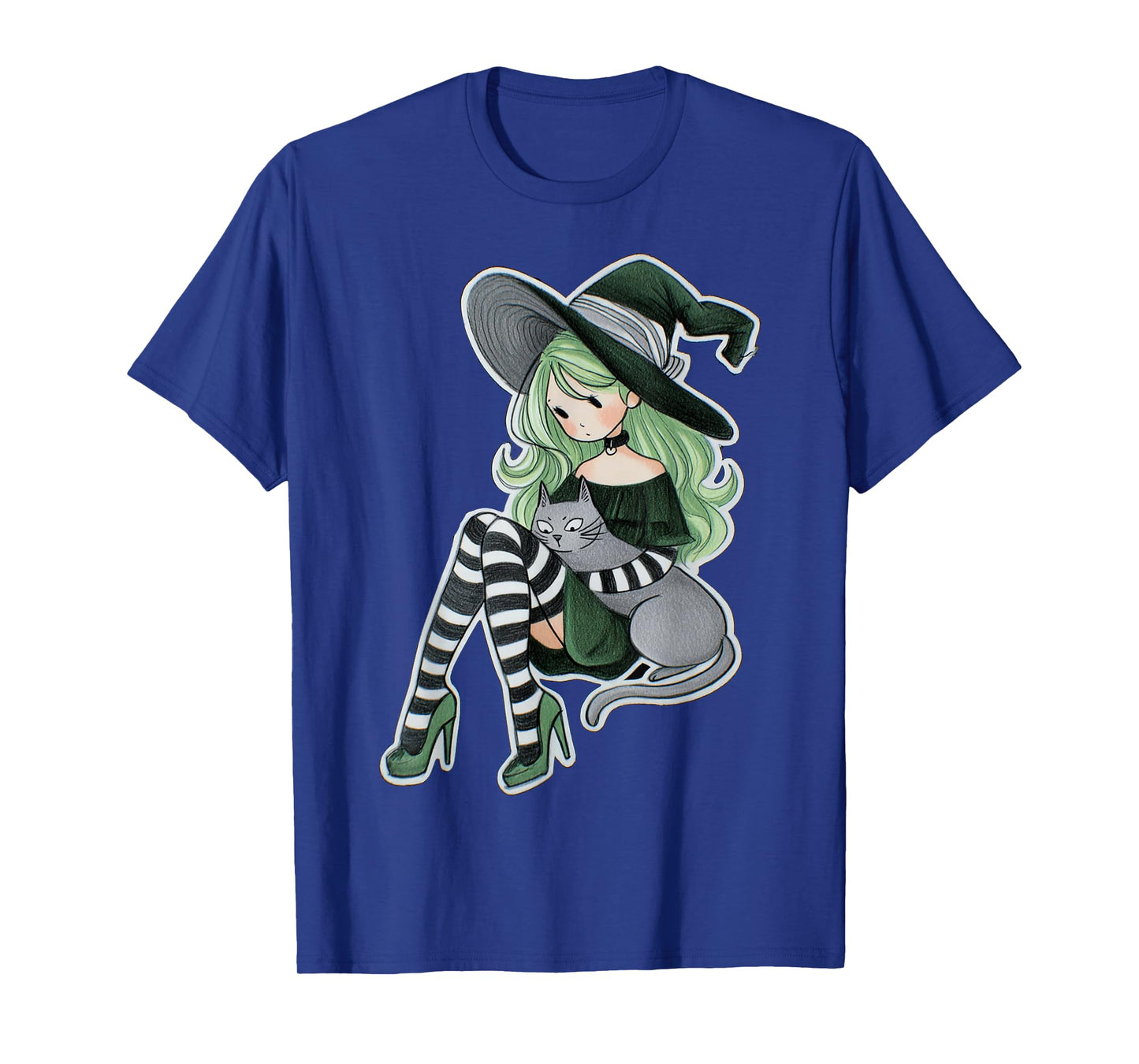 Sexy Witch Green Hair Black White Stockings Cat Halloween T-Shirt
