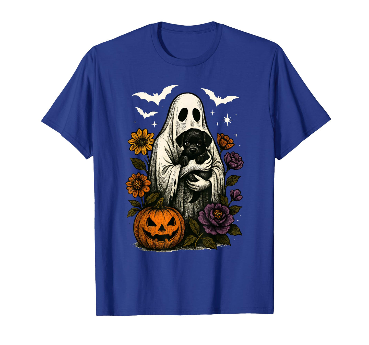 Floral Ghost Black Dog Coquette Funny Halloween Design T-Shirt
