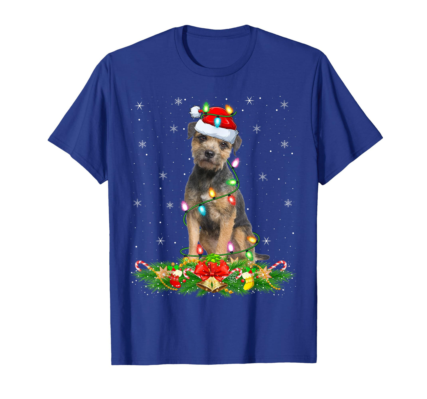 Border Terrier Dog Christmas Lights Funny Santa Hat Xmas T-Shirt