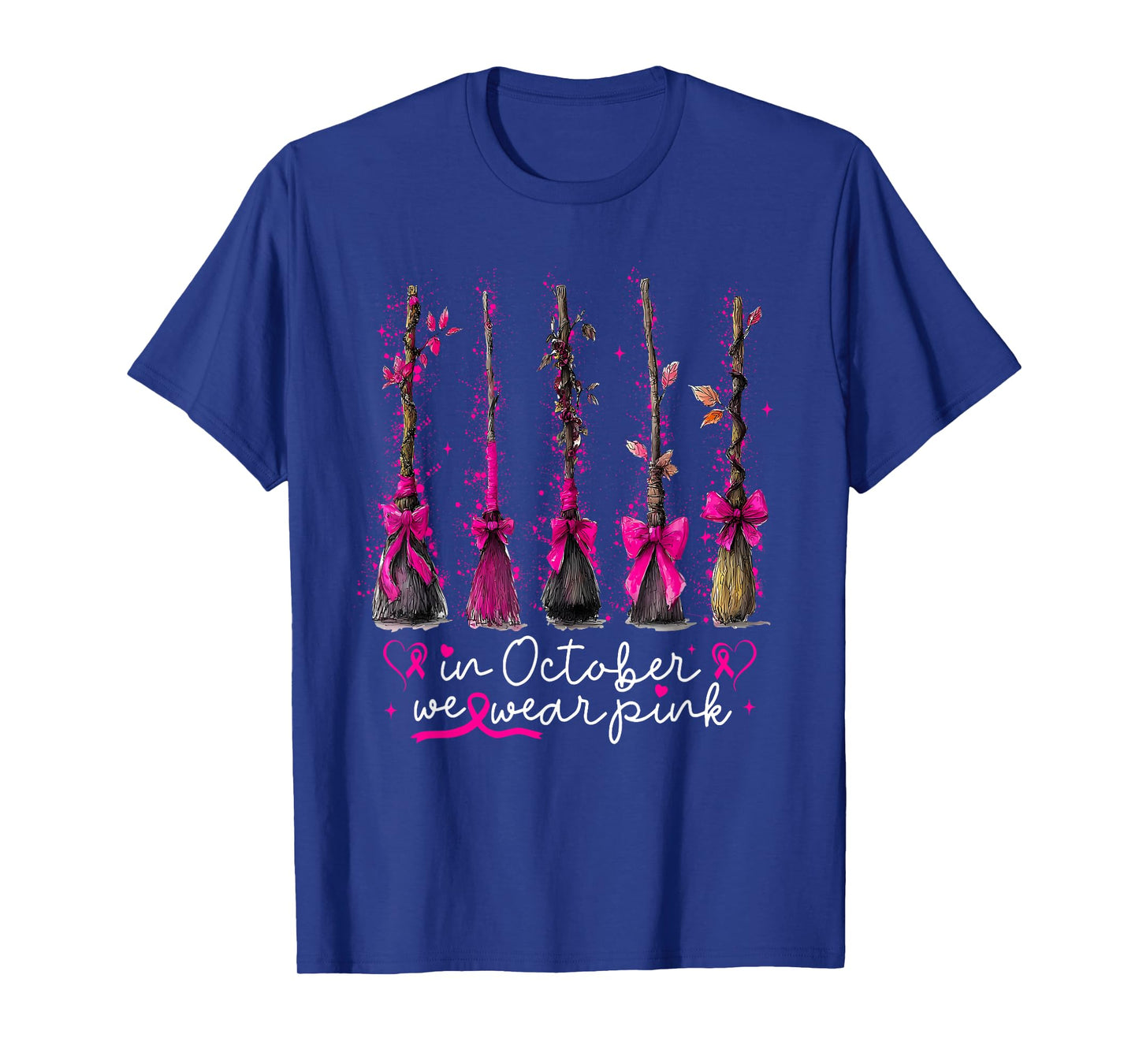 in October We Wear Pink Witches Brooms Spooky Breast Cancer T-Shirt