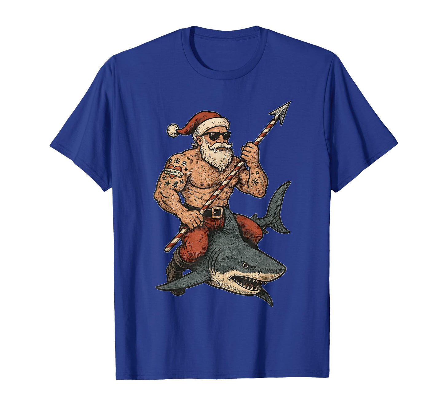 Tattooed Muscular Santa Shark Funny Xmas Holidays T-Shirt