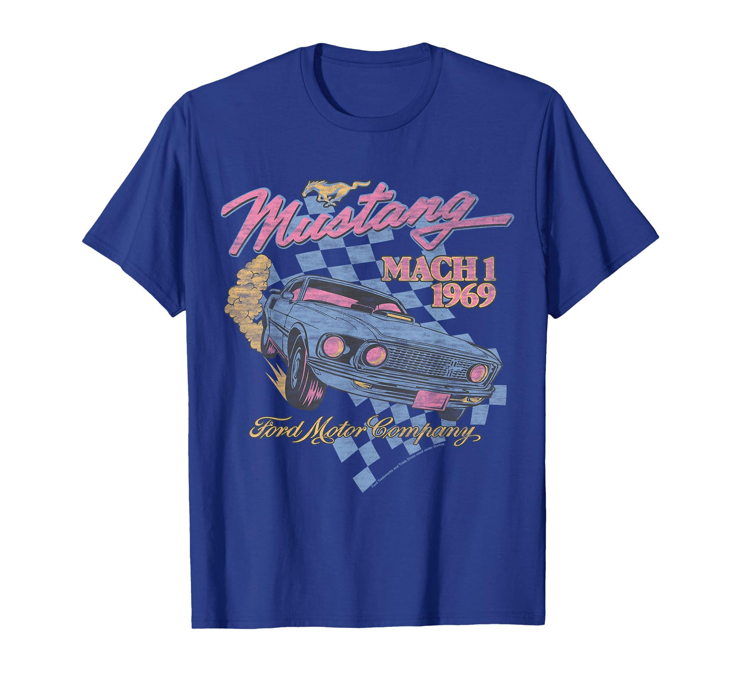 Ford - Blue Mustang Mach 1 1969 Checkered Background T-Shirt