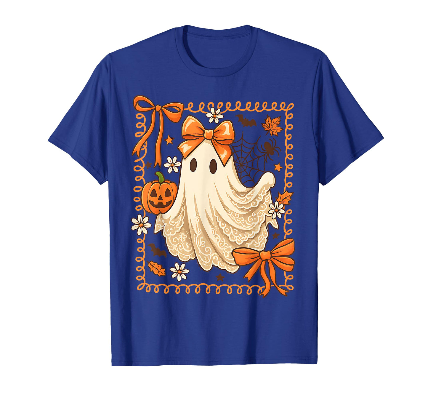 Preppy Lace Ghost With Bow Lace Pumpkin Season Halloween T-Shirt