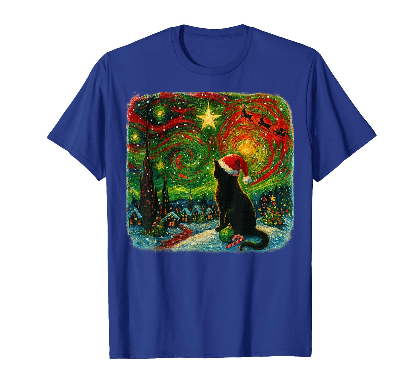 Funny Black Cat Merry Christmas Xmas Van Gogh Pajama Holiday T-Shirt