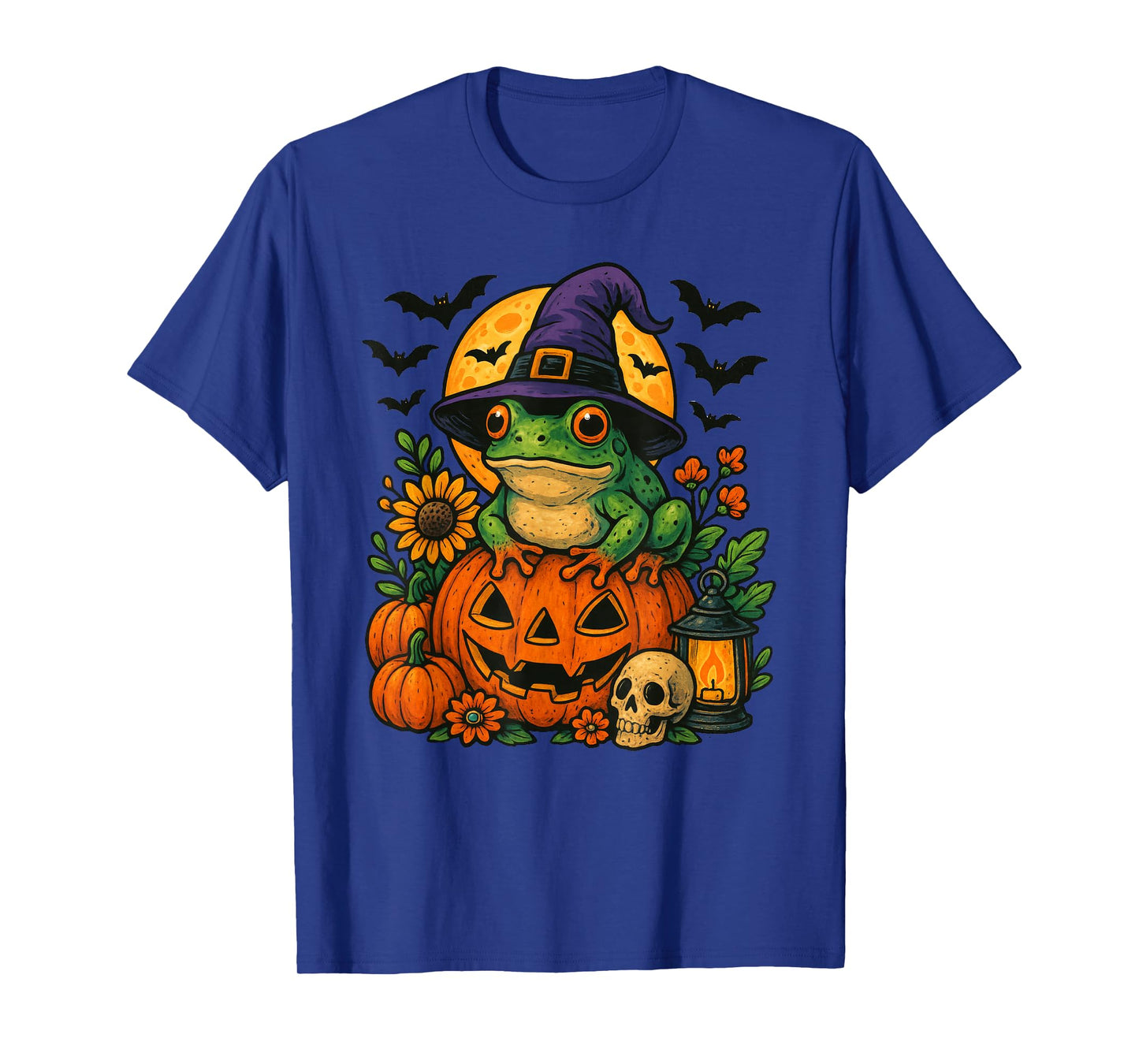 Frog Witch Hat Bats Pumpkin Halloween T-Shirt
