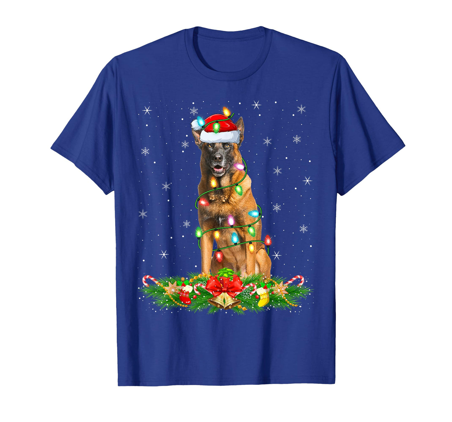 Belgian Malinois Dog Christmas Lights Funny Santa Hat Xmas T-Shirt