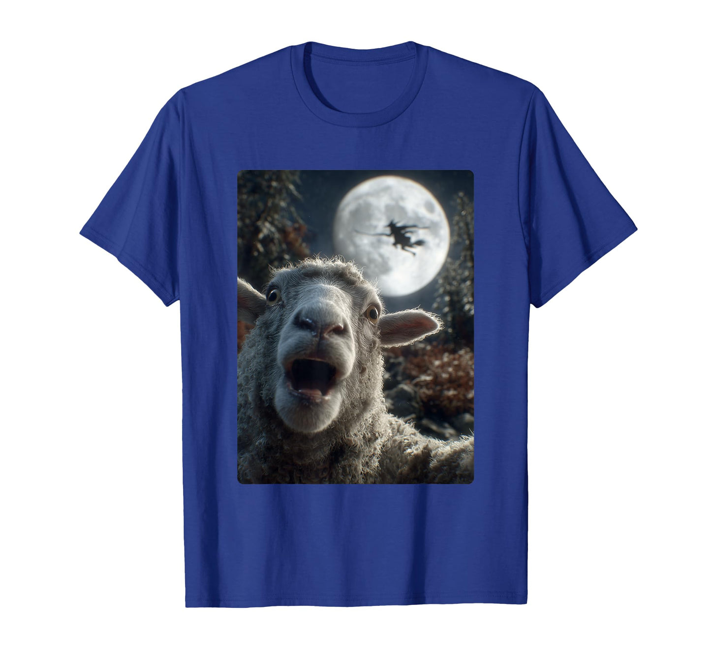 Funny Sheep Selfie Full Moon Flying Witch Forest Halloween T-Shirt