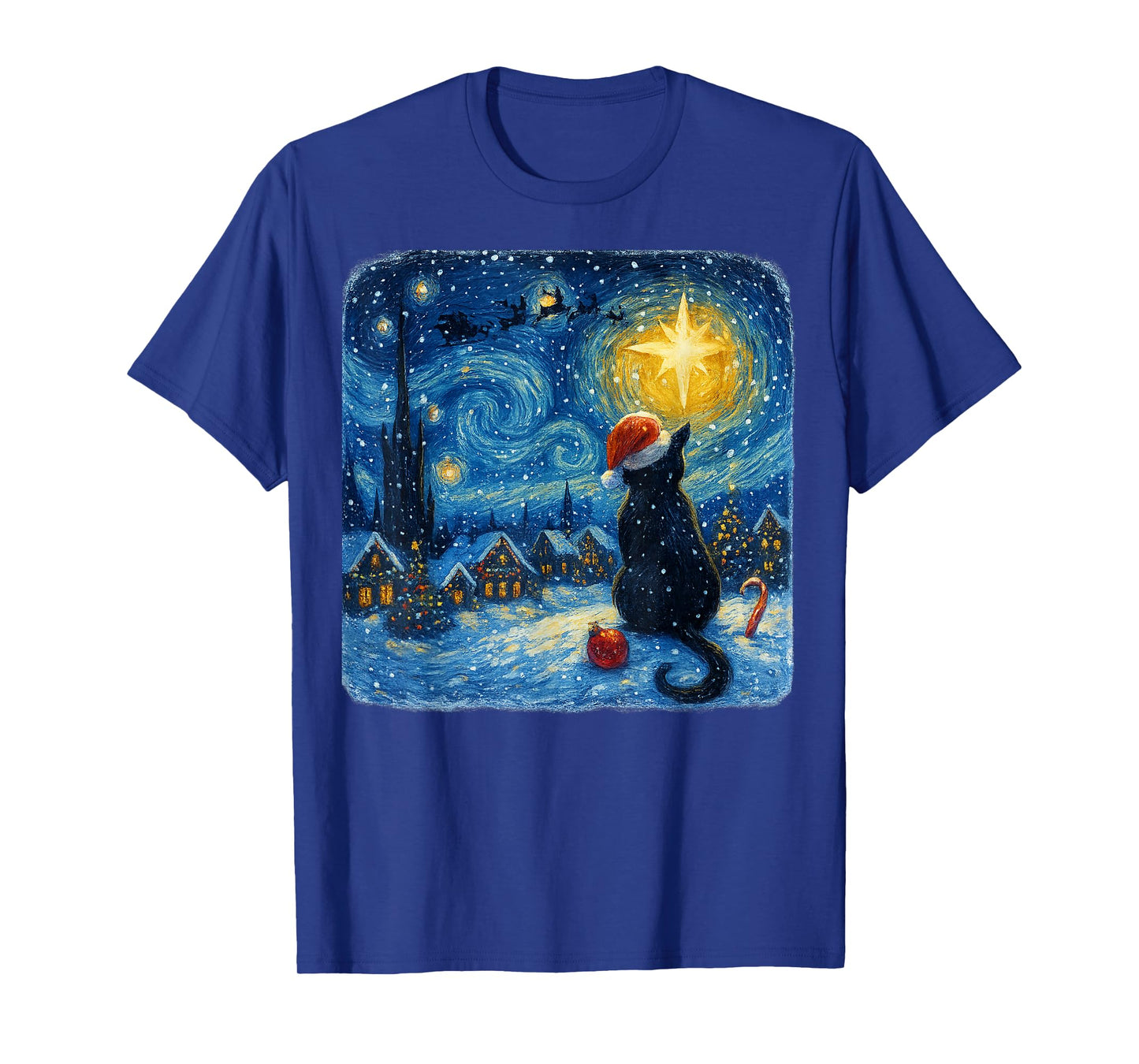Funny Black Cat Merry Christmas Xmas Van Gogh Pajama Holiday T-Shirt
