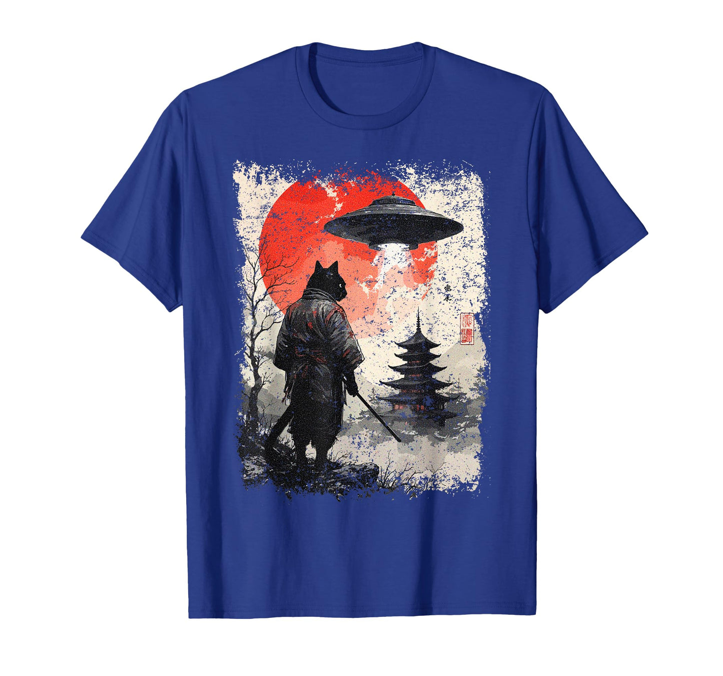 Samurai Ninja Cat Warrior Sumi-e UFO Ukiyo-e Sci Fi Japanese T-Shirt