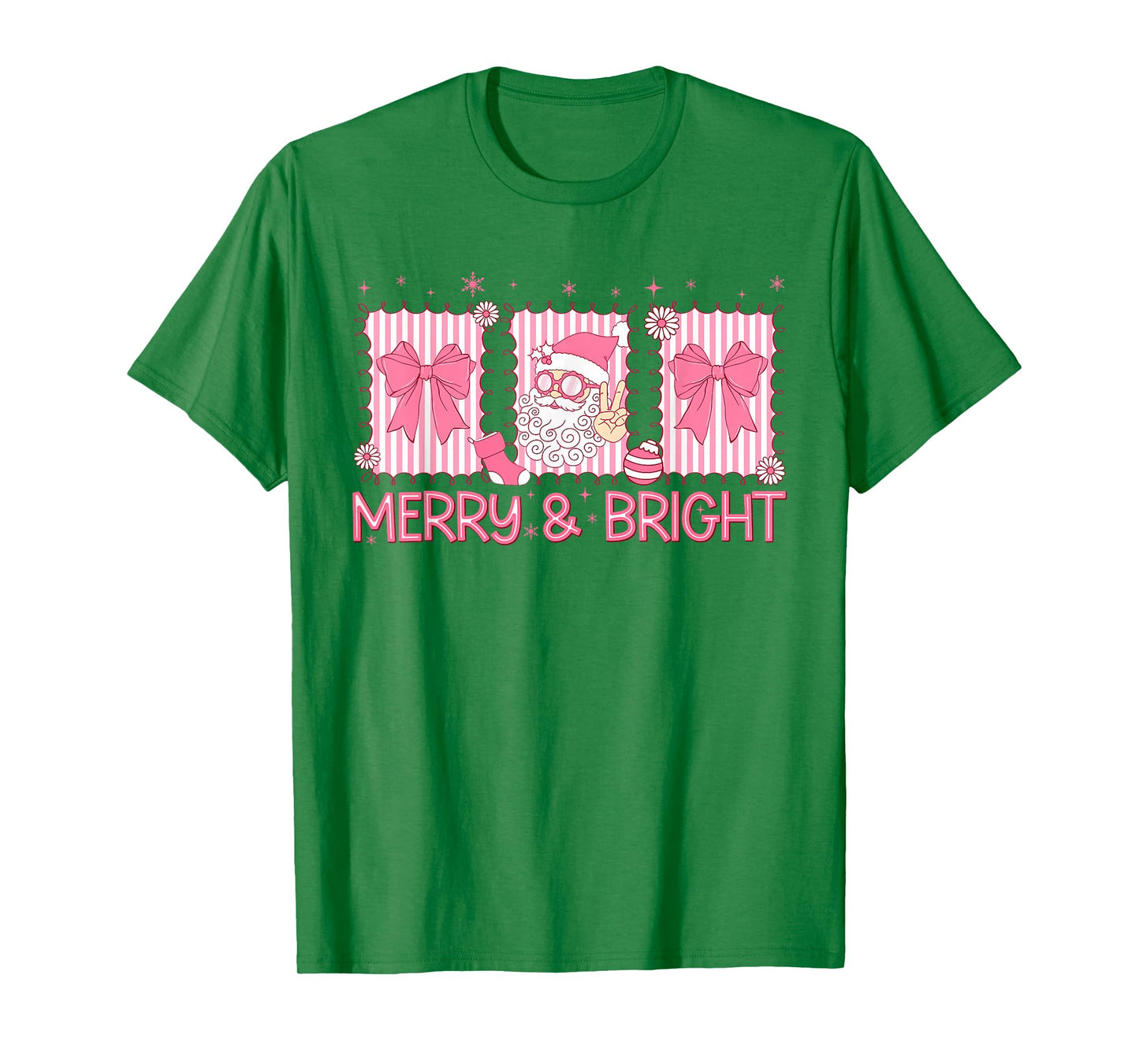 Merry and Bright Pink Coquette Santa Claus Bow Christmas T-Shirt
