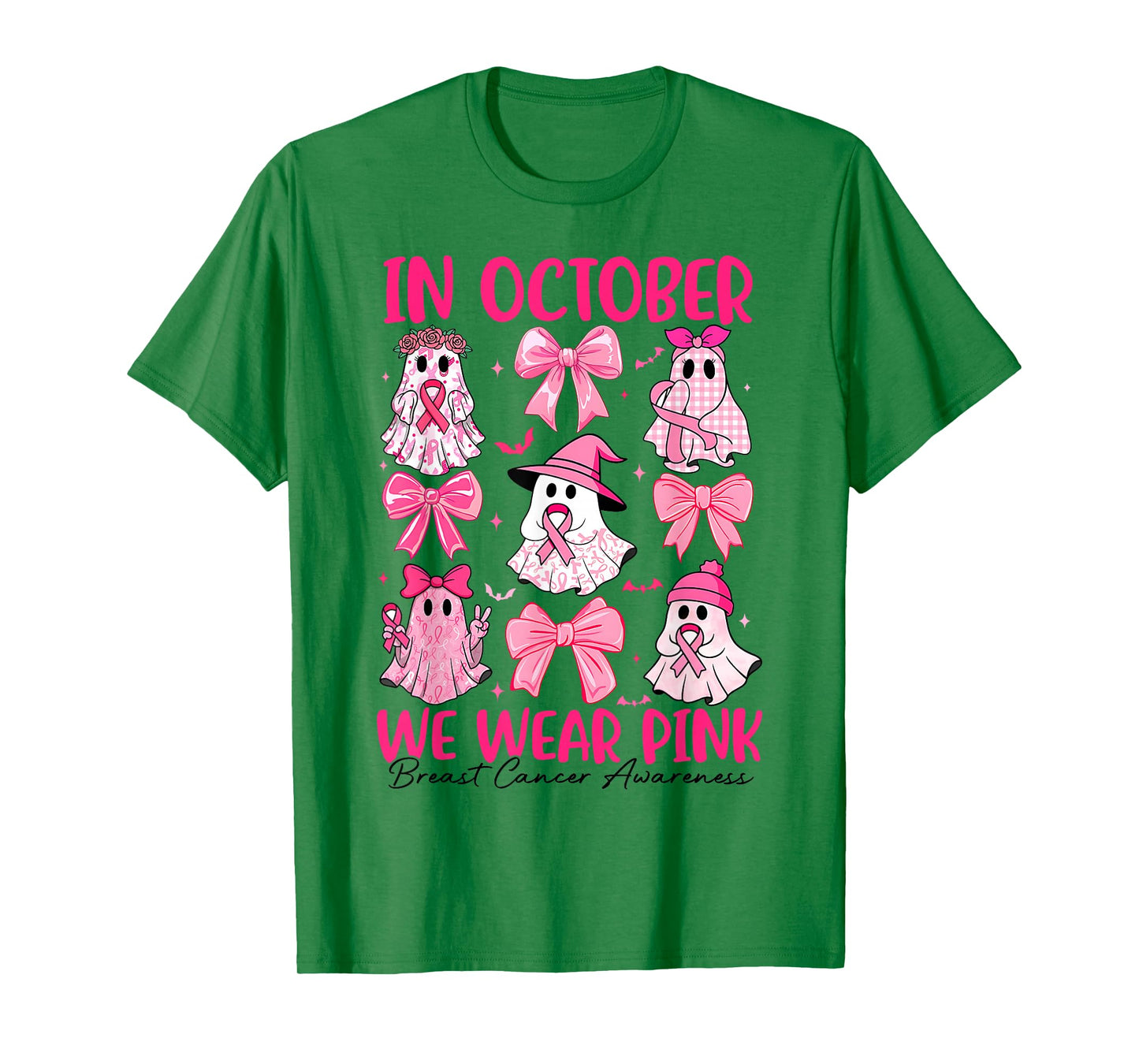 in October We Wear Pink Ghost Witch Breast Cancer Awareness T-Shirt