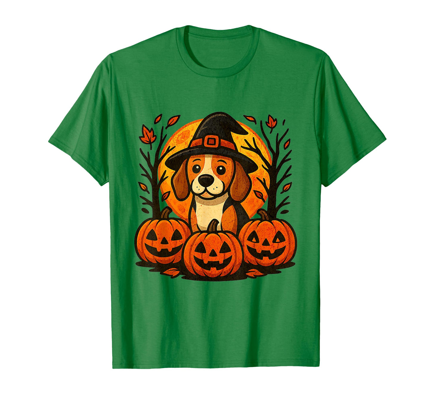 Halloween Cute Beagle Witch Hat Pumpkins Autumn Leaves T-Shirt