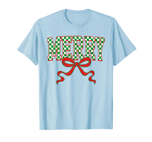 Merry Christmas Checkered Preppy Coquette Bow Xmas Holiday T-Shirt