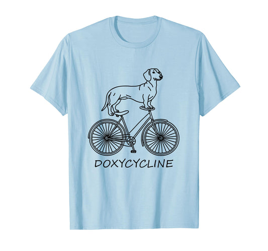 Dachshund on Bicycle Doxycycline Pharmacy Pun Dog Pharmacist T-Shirt for Men Women