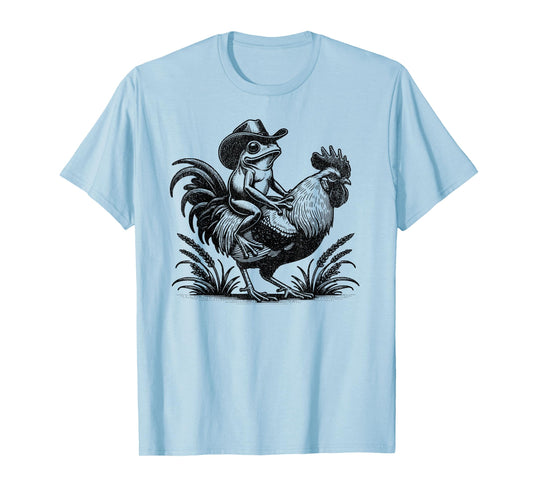 Funny Frog With Cowboy Hat Riding Rooster Country Life T-Shirt
